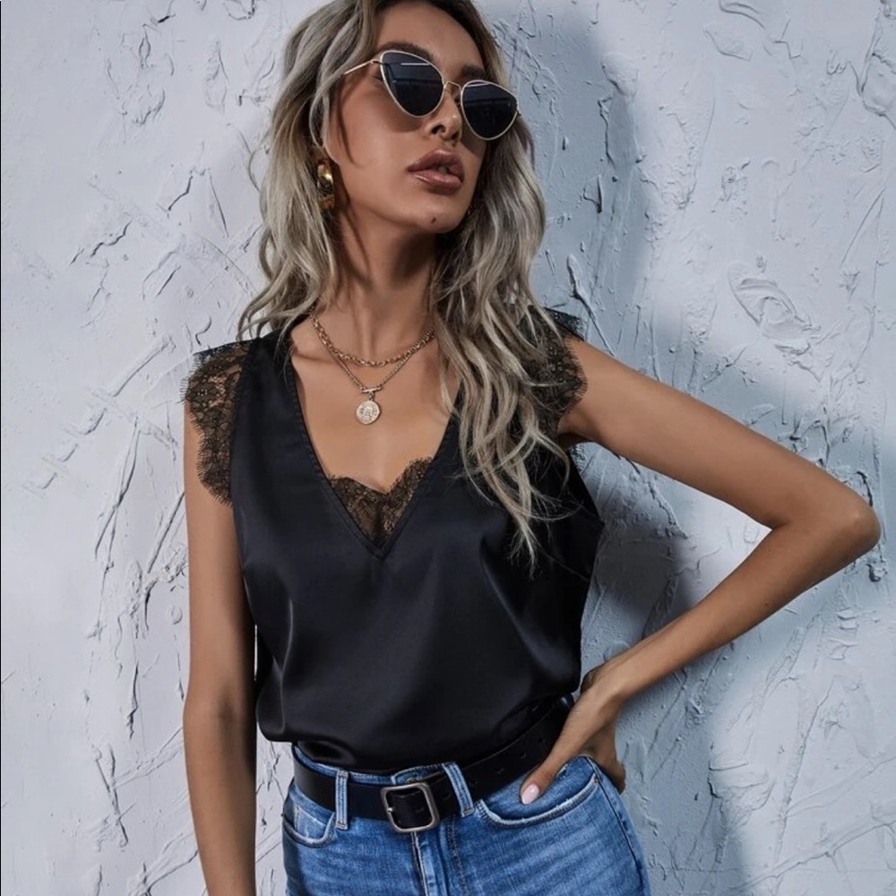 On Trend Satin Lace Trim Satin Top